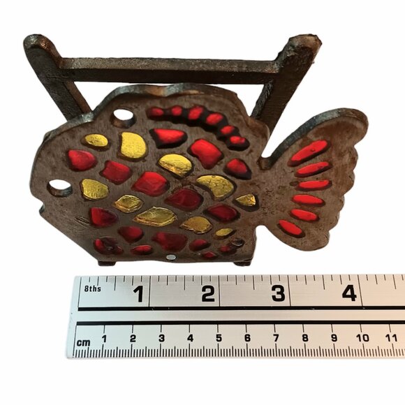 Vintage Cast Iron Fish Napkin Holder Letter Organizer Stained Glass Acrylic - Picture 6 of 9